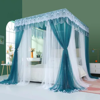 자수 레이스 주름 모기장 침대 광장 로맨틱 공주 침대 그물 캐노피, 럭셔리 2 레이어 텐트 메쉬