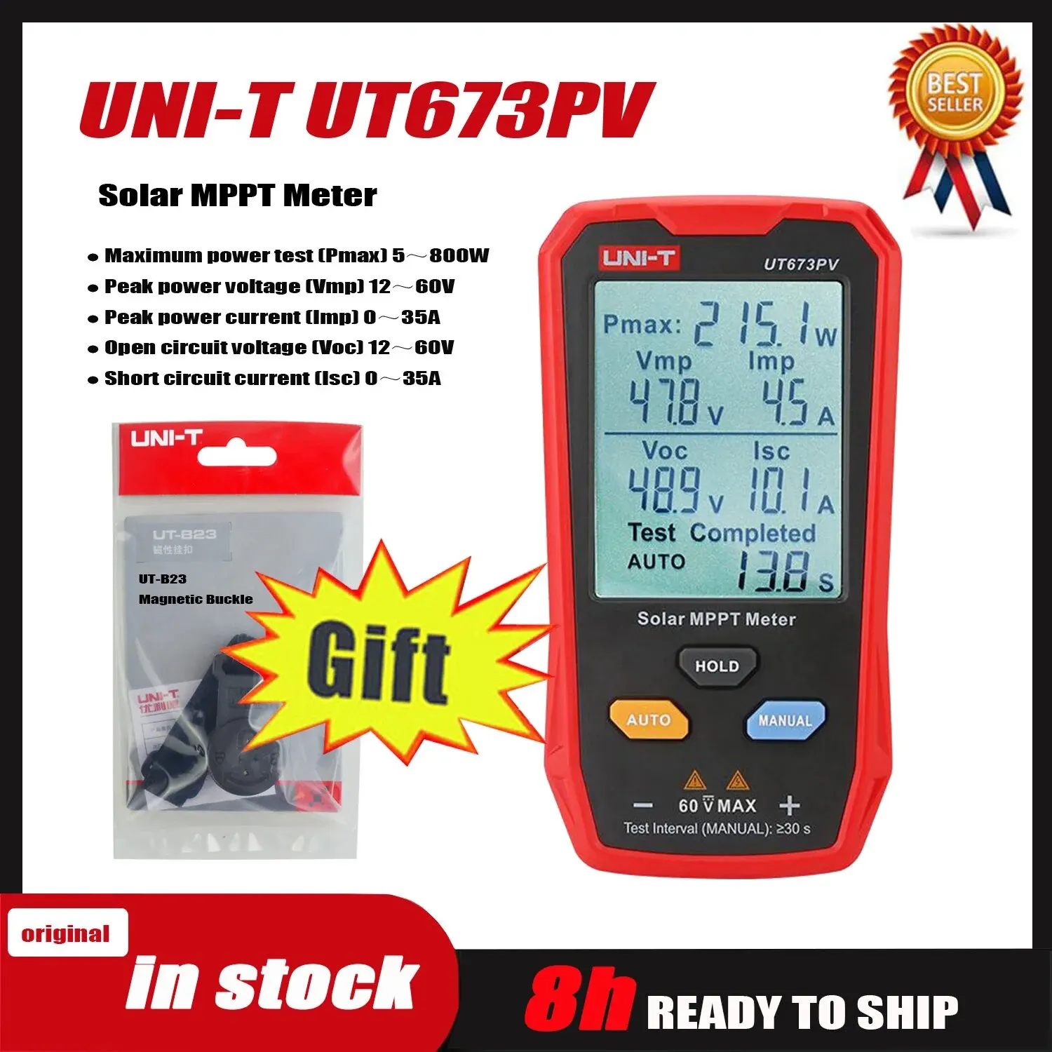 UNI-T UT673PV Solar MPPT Meter Photovoltaic Module MAX Power Tester LCD Equipped with MC4 Test Lead.