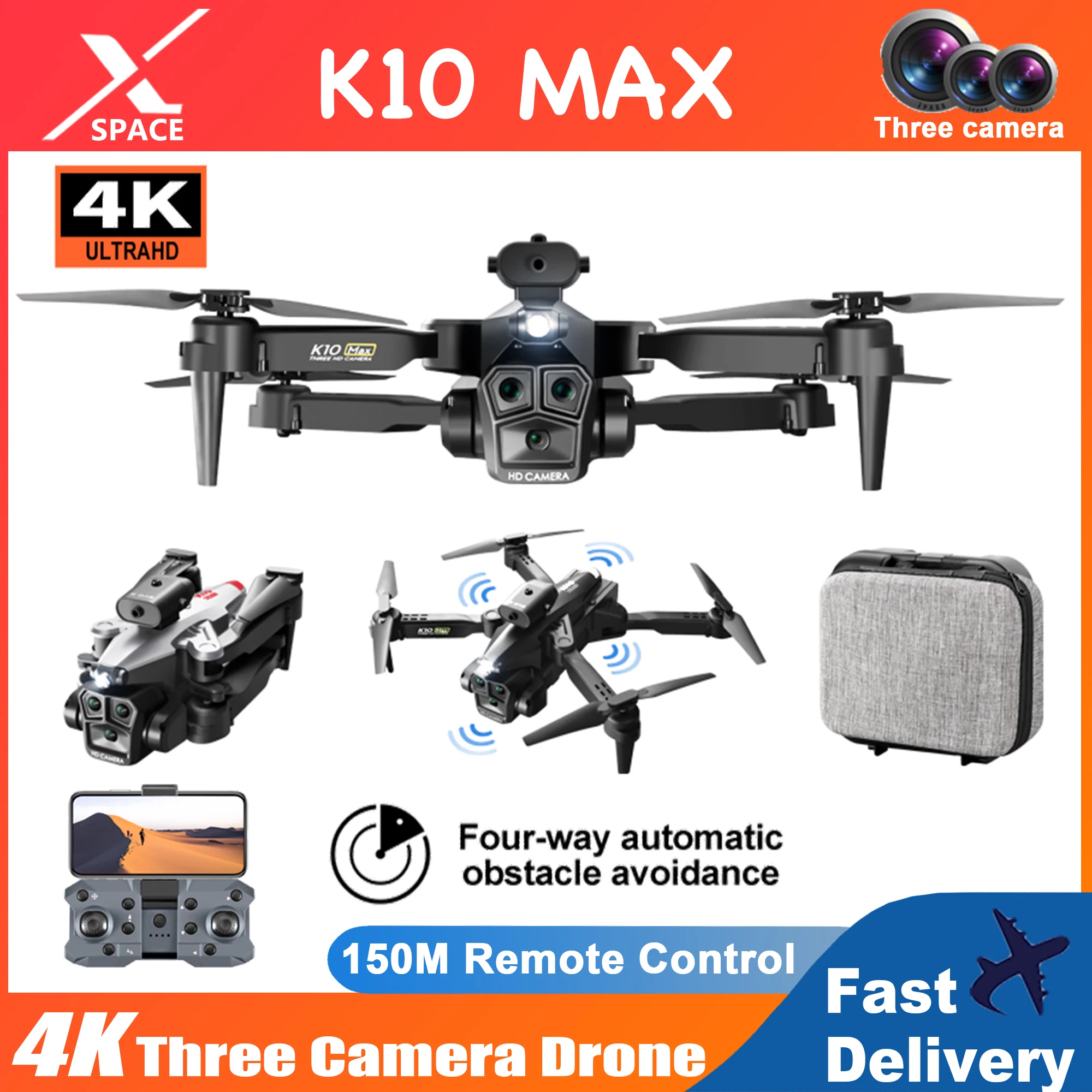 

New K10 Max Mini Drone 4K Professional 3 Camera Wide Angle Optical Flow Localization Four-way Obstacle Avoidance RC Quadcopter