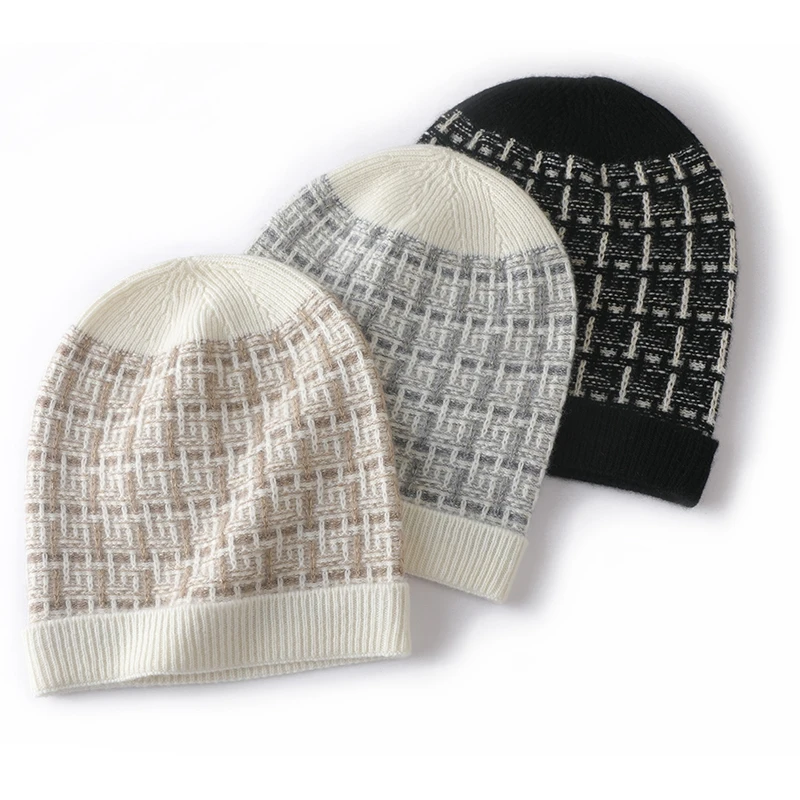 Cashmere Gold Silver Wire Thick Beanies Ribbed Hem Soft Knitted Black Cap Hat Autumn Winter Warm Merino Wool Caps 5