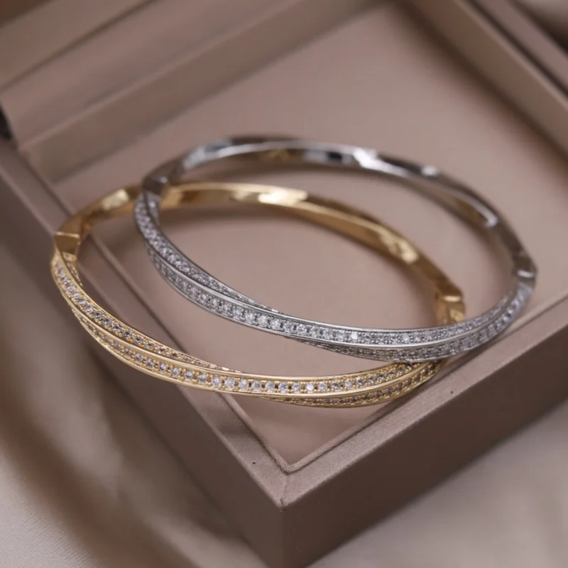 French Design Fashion Jewelry 14K Gold Plated Zircon Twist Closed Bracelet Women's Party Accessories bangle bracelet zircon bracelet