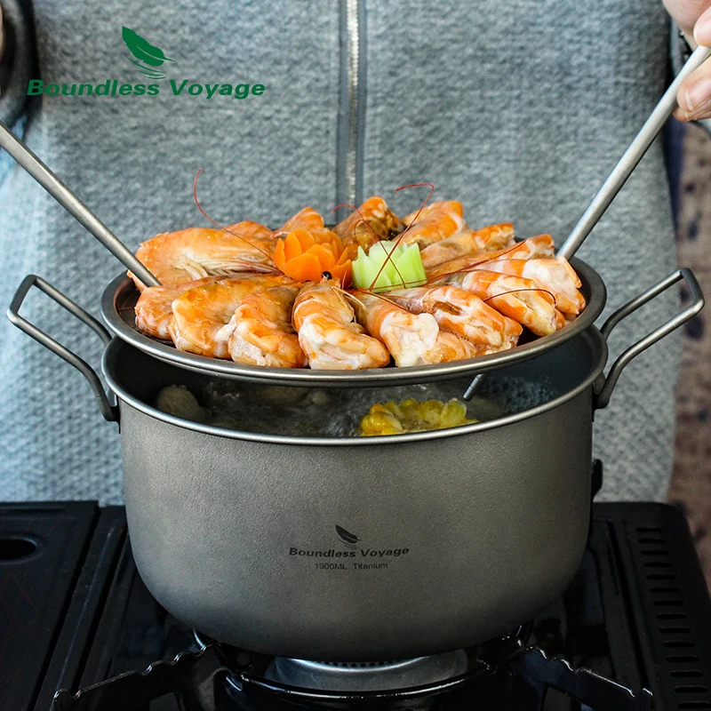 Camping Cooking Pot Boundless Voyage Multifunctional Titanium Steamer Soup Pot Frying Pan Set with Lid Outdoor Mess Kit Ti2057C