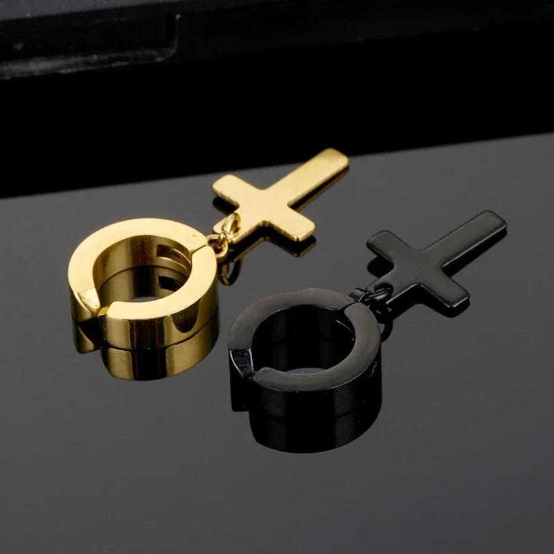 Stainless Steel Earrings 2 Pcs Clip On Non Piercing For Women Men Black Gold Color Cross Gothic Punk Rock Drop Pendiente Jewelry