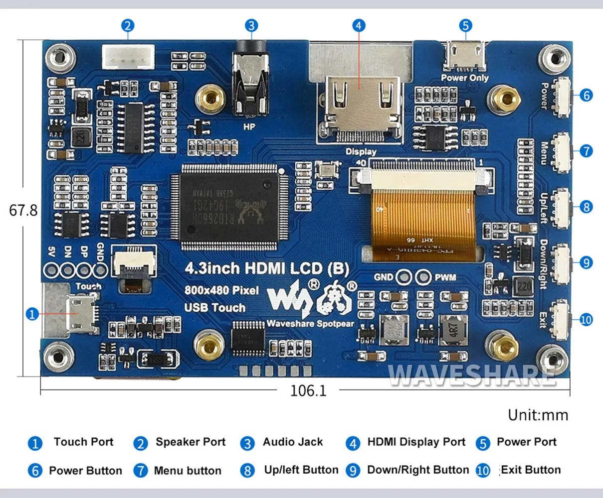 Waveshare   4, 3, ο  ġ ũ, 4.3 ġ HDMI LCD (B), 2 W 800  480 ػ IPS ÷