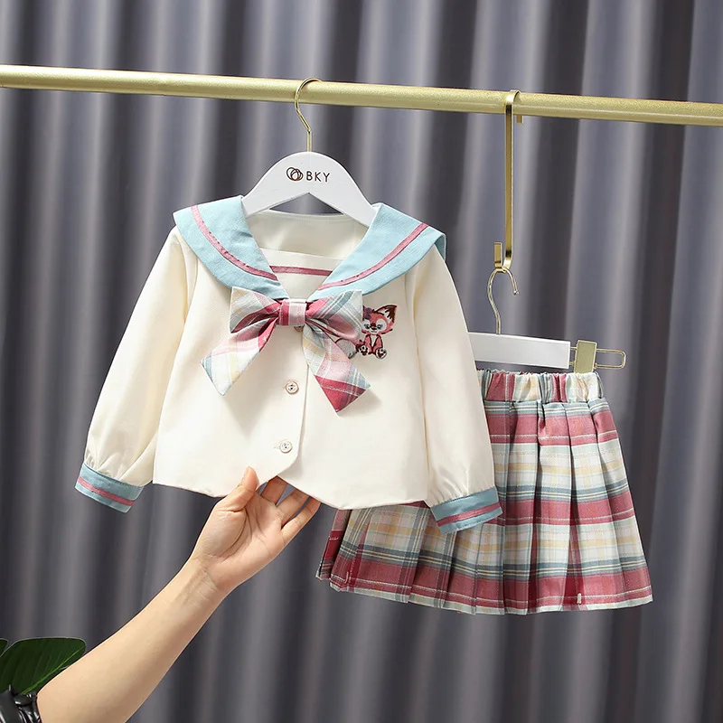 

Girls Korean Dress Baby Plaid Jk Dresses Infant College Wind Navy Collar Western Style Frock Children Princess Lolita Gown