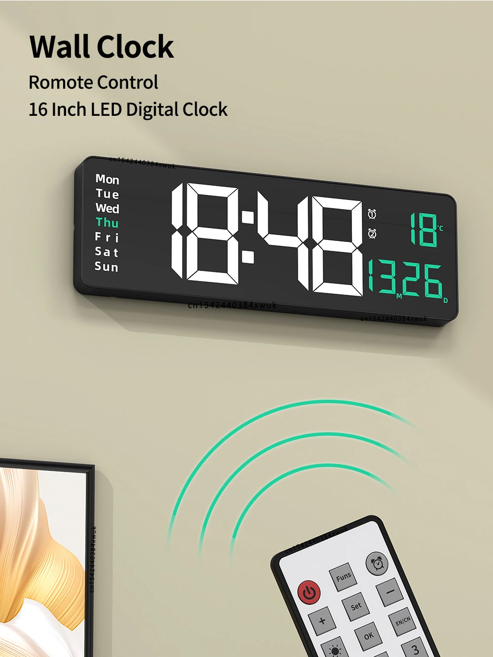 16inch Digital Wall Clock Larger LED Living Room Alarm Clocks Remote Control Date Week Temperature Clock Dual Alarms Time Clocks