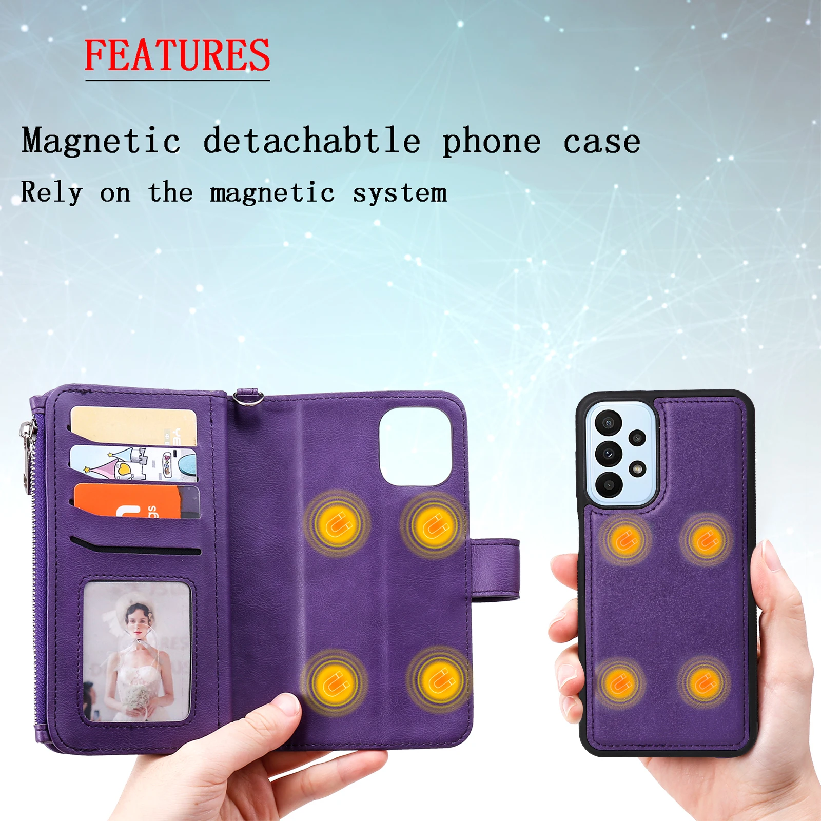 Zipper Leather Wallet with Magnetic Detachable Case and Card Slot Cover