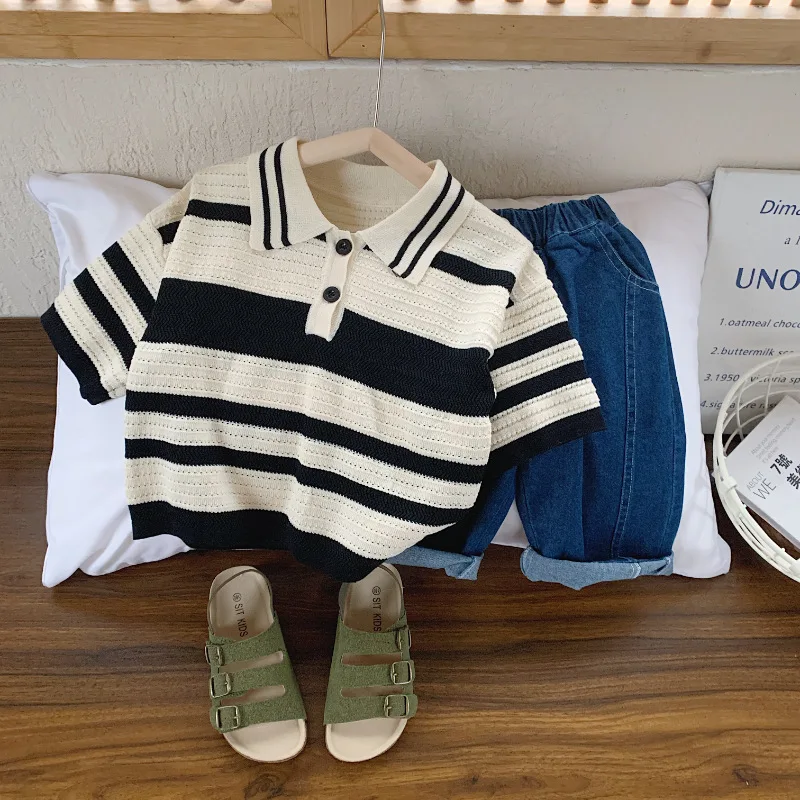 

Striped Children's Short Sleeve 2023 Summer New Fashion Baby Top Korean Style Boys' Polo Shirt T-shirt Polo Shirt Polo Kids Boys