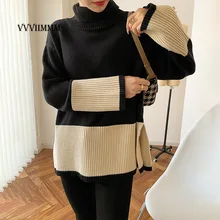 

Splicing High Collar Color Matching Lazy Wind Cotton Wool Pullover Top Women's Winter New Style Novelty 2022 Woman Traf Sweater