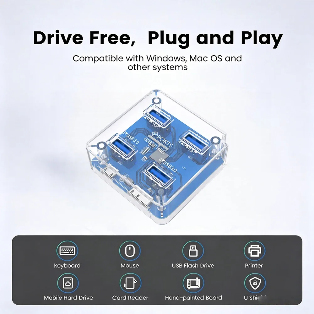 KEBIDUMEI רכזת USB שקופה USB 3.0 5Gbps מהירות גבוהה 4 יציאות הרחבה עם ספק כוח מתאם OTG למחשב נייד Macbook Pro