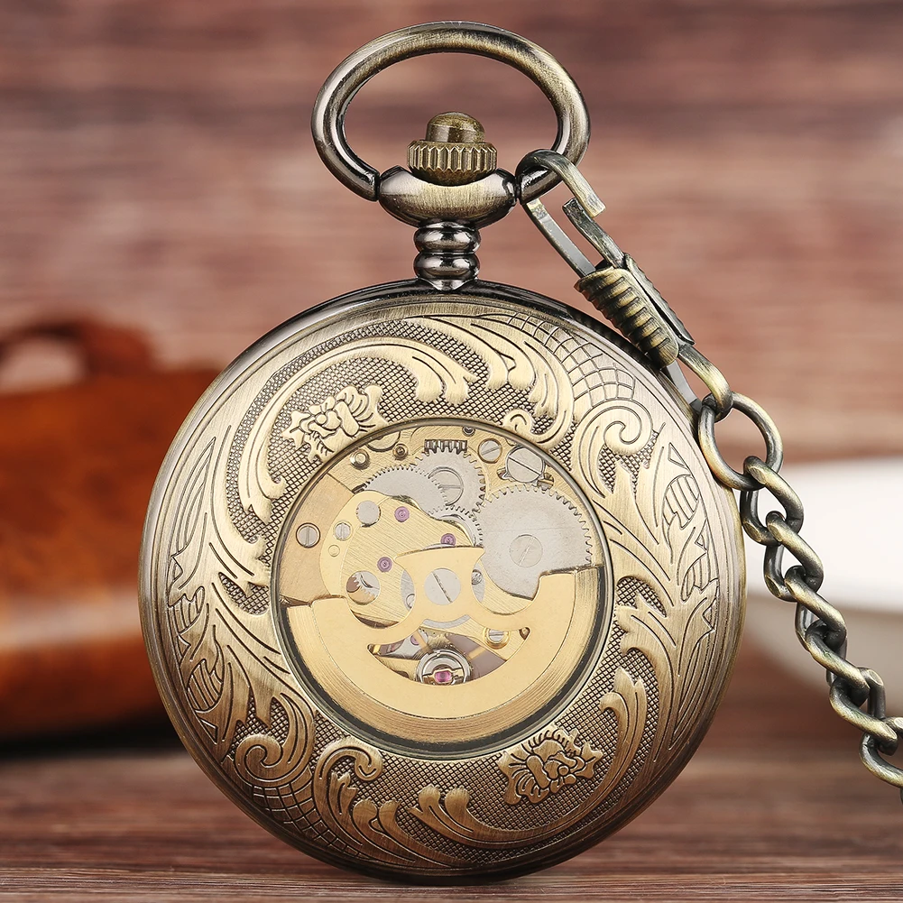 Antique Brozne Transparent Gear Skeleton Mechanical Automatic Self-wind Pocket Watch Retro Pendant Fob Watches Relogio De Bolso