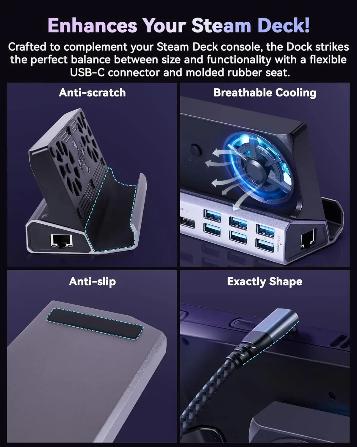 Steam Deck Dock with Dual Cooling Fans, 11-in-1, DP1.2 and HDMI 2.0, 4K @ 60Hz, VGA, 6 USB Ports, Gigabit Ethernet, USB Charge