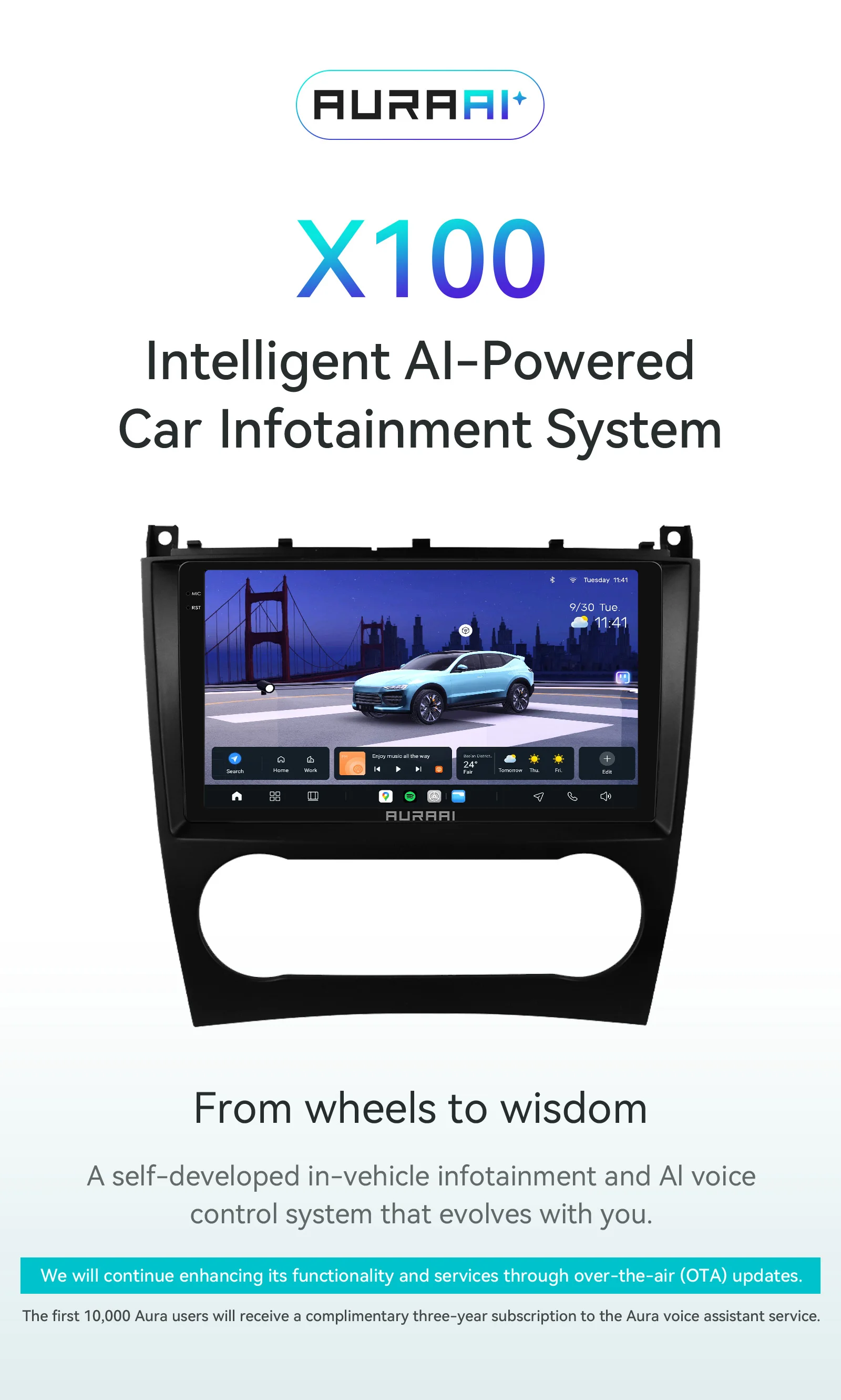 AURAAI X100 Android Auto Intelligente Bildschirm für Mercedes Benz C-Klasse C180 C200 CLK W203 W209 CarPlay 4G BT DSP GPS ADAS 360 ° CAM – Detail 1