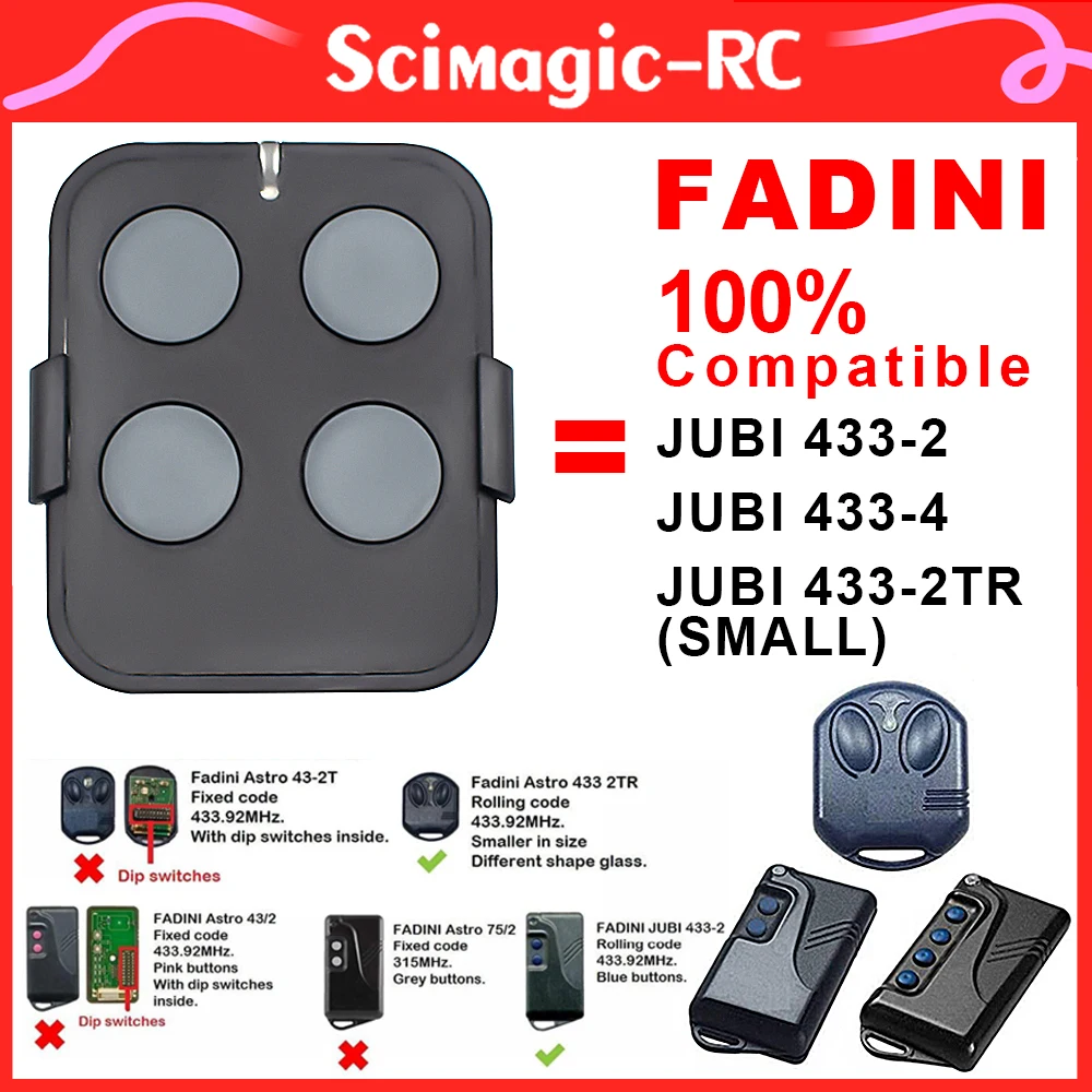 

100% Compatible FADINI JUBI 433-2 433-4 / JUBI 433-2TR(SMALL) Garage Remote Control FADINI 433MHz Rolling Code Gate Door Opener