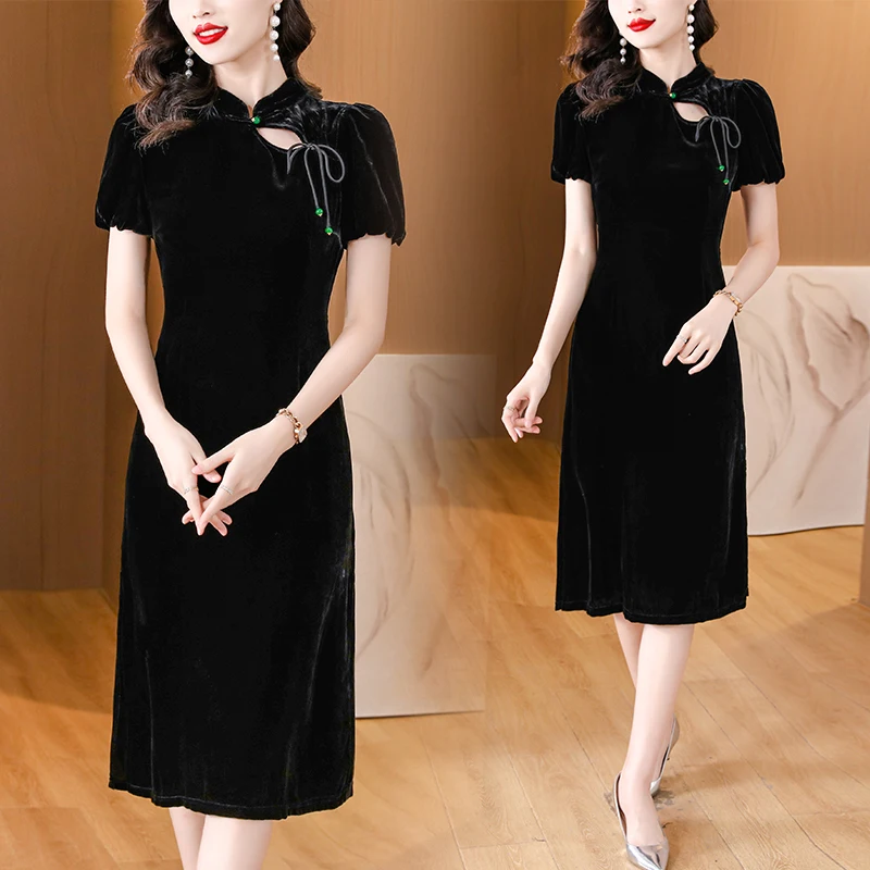 

New Chinese vintage velvet dress small hollow collar bubble sleeve improvement cheongsam MIDI skirt