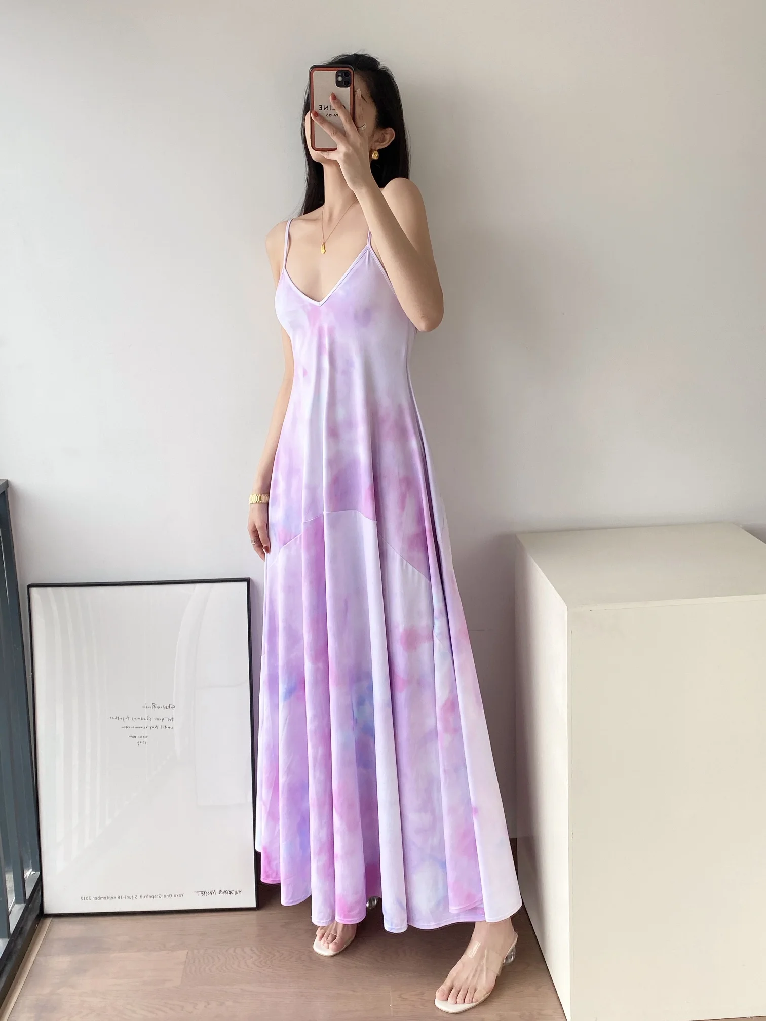 

Women Ankle Length Dress Tie Dye V-Neck Sleeveless Backless Loose Fit Spaghetti Strap Robe Sweet