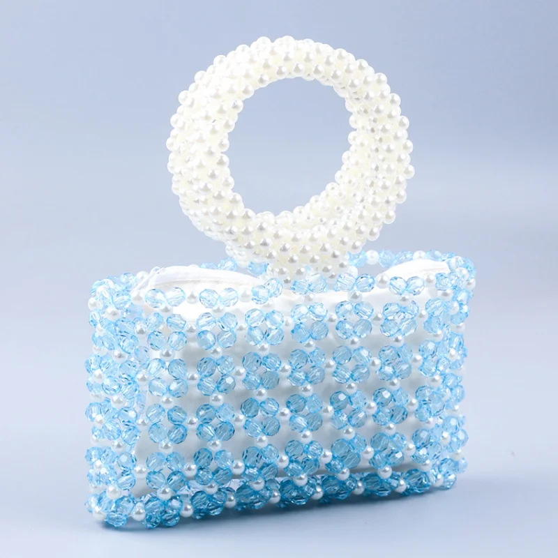 

Женская вечерняя сумка ручной работы, синяя сумка из акрилового бисера с жемчужинами и круглой ручкой, весна 2023