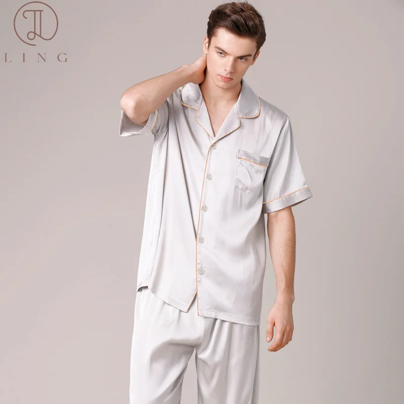 Ling Silk Satin Mens Pajama Sets Two Piece Half Sleeve Men's Sleep Lounge Sleepwear Sets Spring New Silk M-XXL Size