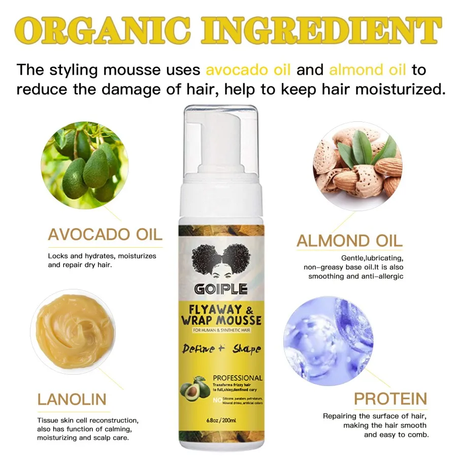 200ML Styling Mousse Curly Hair Elasticity Define Foam Strong Hold Tames Flyaway And Wrap Moisturizing Mousse for Shaping Braid