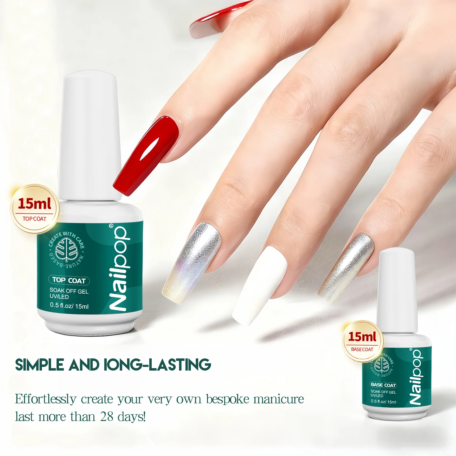 Nailpop HEMA/TPO Free Gel Polish Kit - 2-Piece Long-Lasting Top and Base Coat Set, 15ml Each