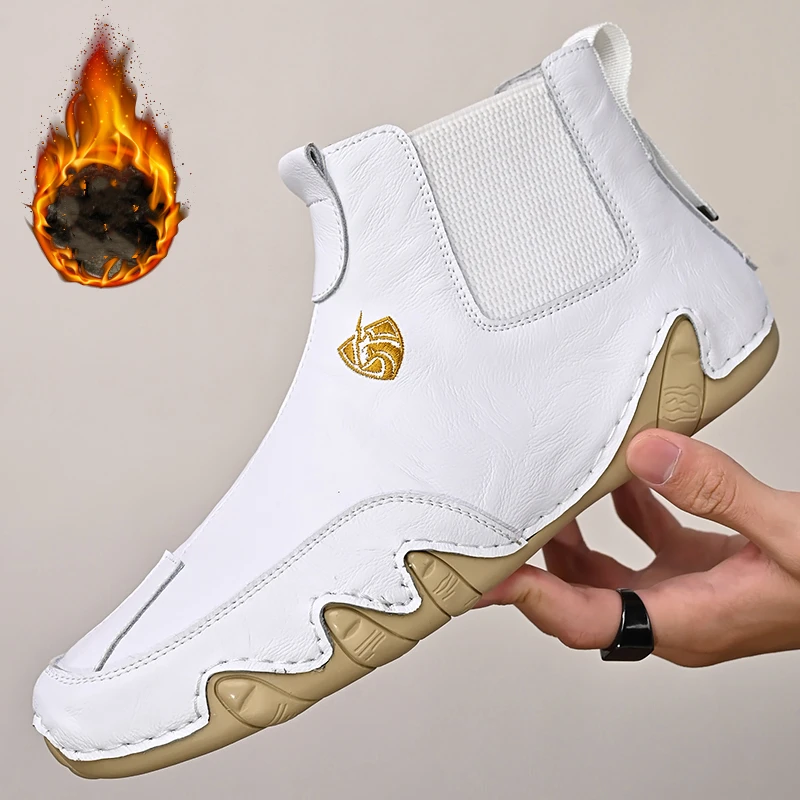 

New Men Autumn Winter Warm Plush Boots Handmade Cowhide Split Leather Oxfords Outdoor Sneakers Men's Work Shoes Ankle Snow Boots