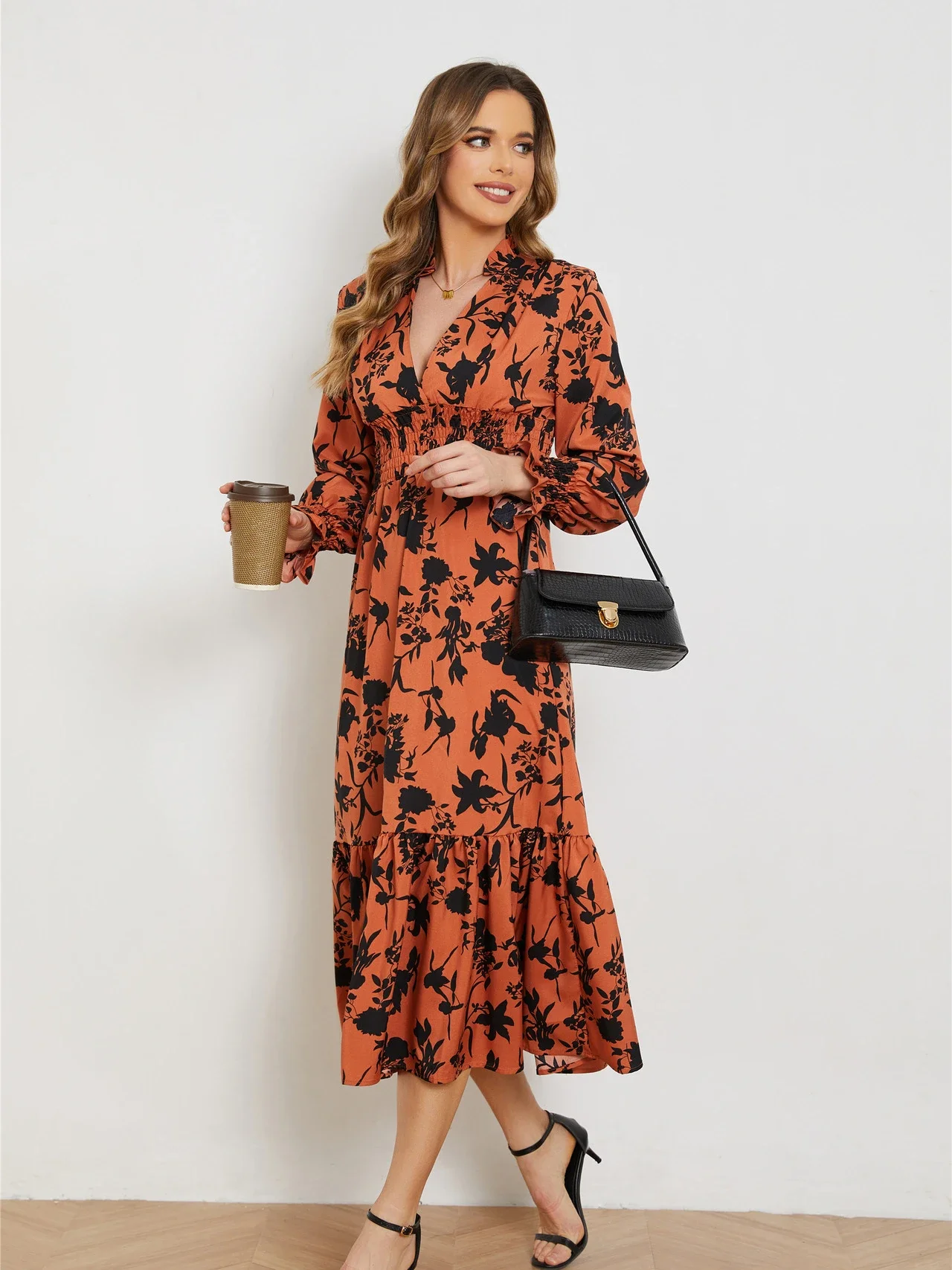 Vestido 원피스 V넥 긴 소매 꽃 원피스, 우아한 하이웨이스트 프록, 얇은 여성 의류, 여름 의상, Tienda Traf