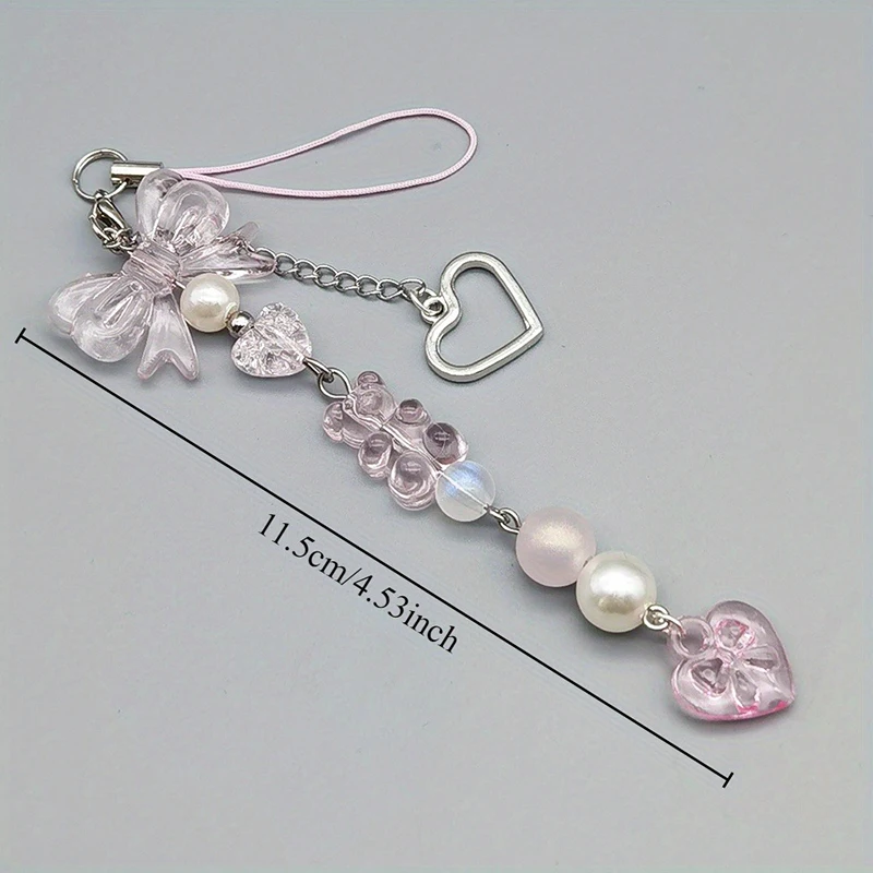 Charming Pink and Silver Bow & Heart Keychain Pendant - Cute Accessory