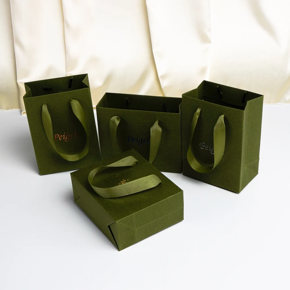 50Pcs Small Paper Tote Bag 15x6x12cm Olive Green Shopping Bag Custom Logo Beach Swimsuit Sunglasses Jewelry Cosmetic Storage Bag