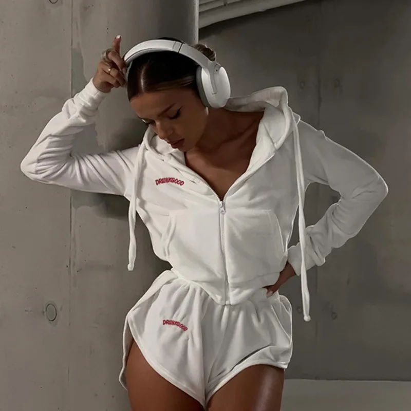 

CINESSD Sports Hooded Women's Velvet Embroidered Sweater 2024 Zipper Tops Elastic High Waisted Casual Two-piece Sets WS169