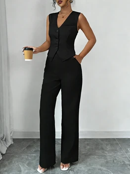Women's Black Two Piece Outfit Sleeveless V Neck Vest Blazer High Waist Wide Leg Pants Elegant Office Spring Summer Suit Set 1