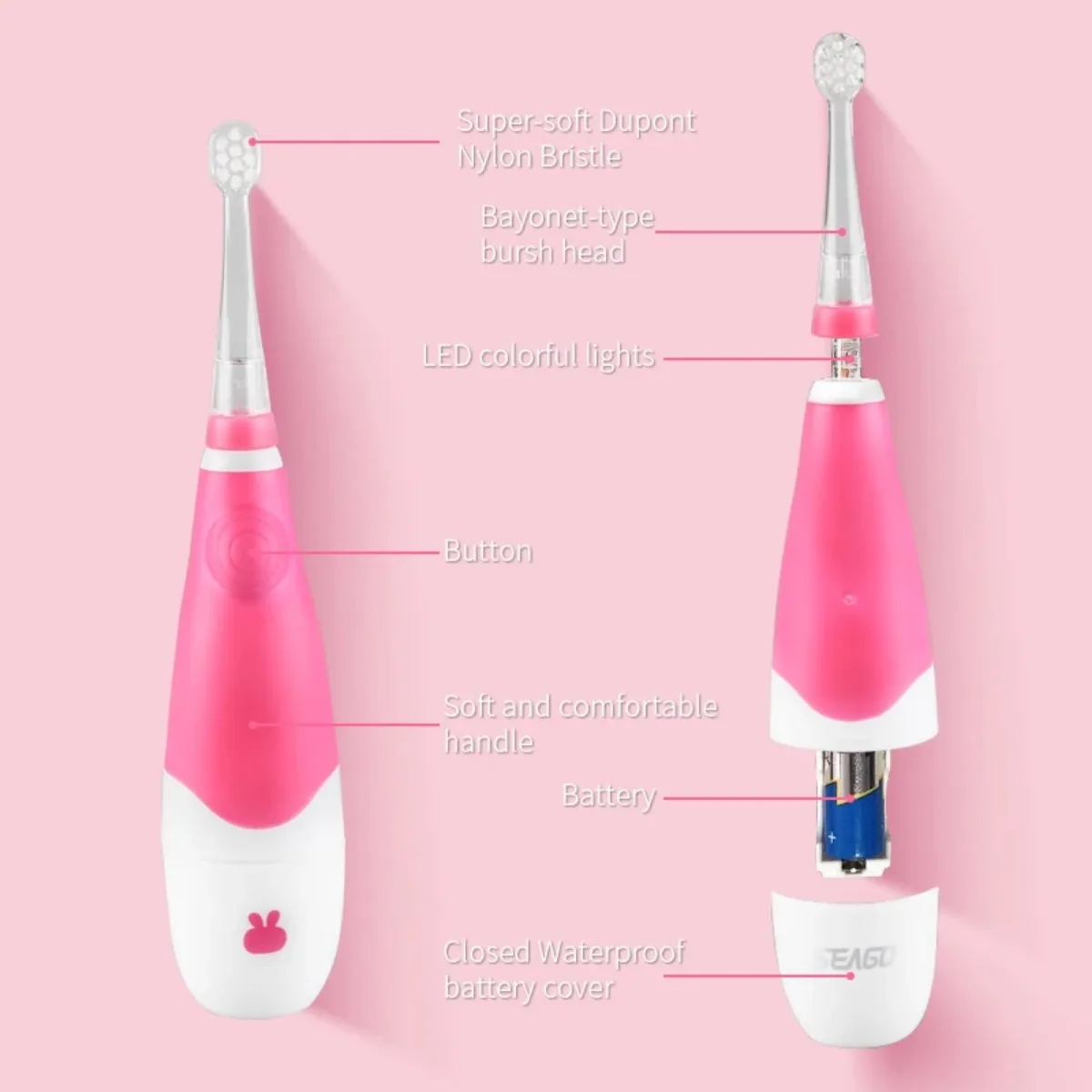 Seago Children Toothbrush 1PC 1 Handle 3 Heads Sonic Electric for Kid LED Light Mini Head and Big Handle