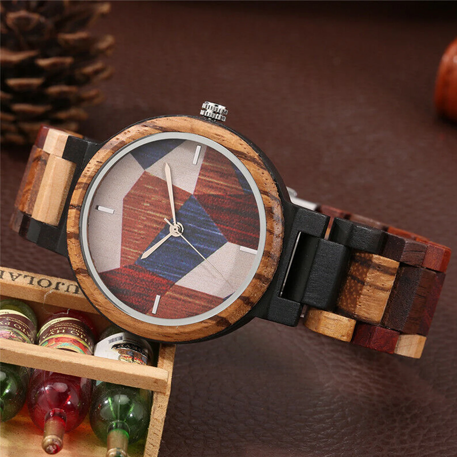 FANDAO mixed color all-wood men's watch irregular pattern round dial quartz wristwatches wooden bracelet watch folding clasp