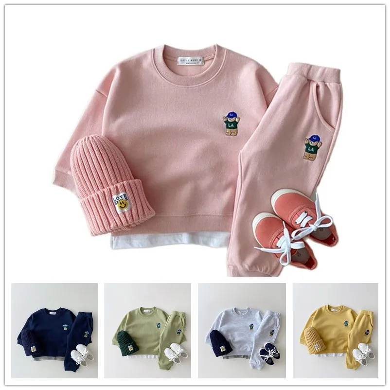 

Spring Toddler Baby Boys Gilrs Clothes Sets Cotton Embroidered Bear Sweatshirt+Jogger Pants Children's Suit Kids Sports Suits