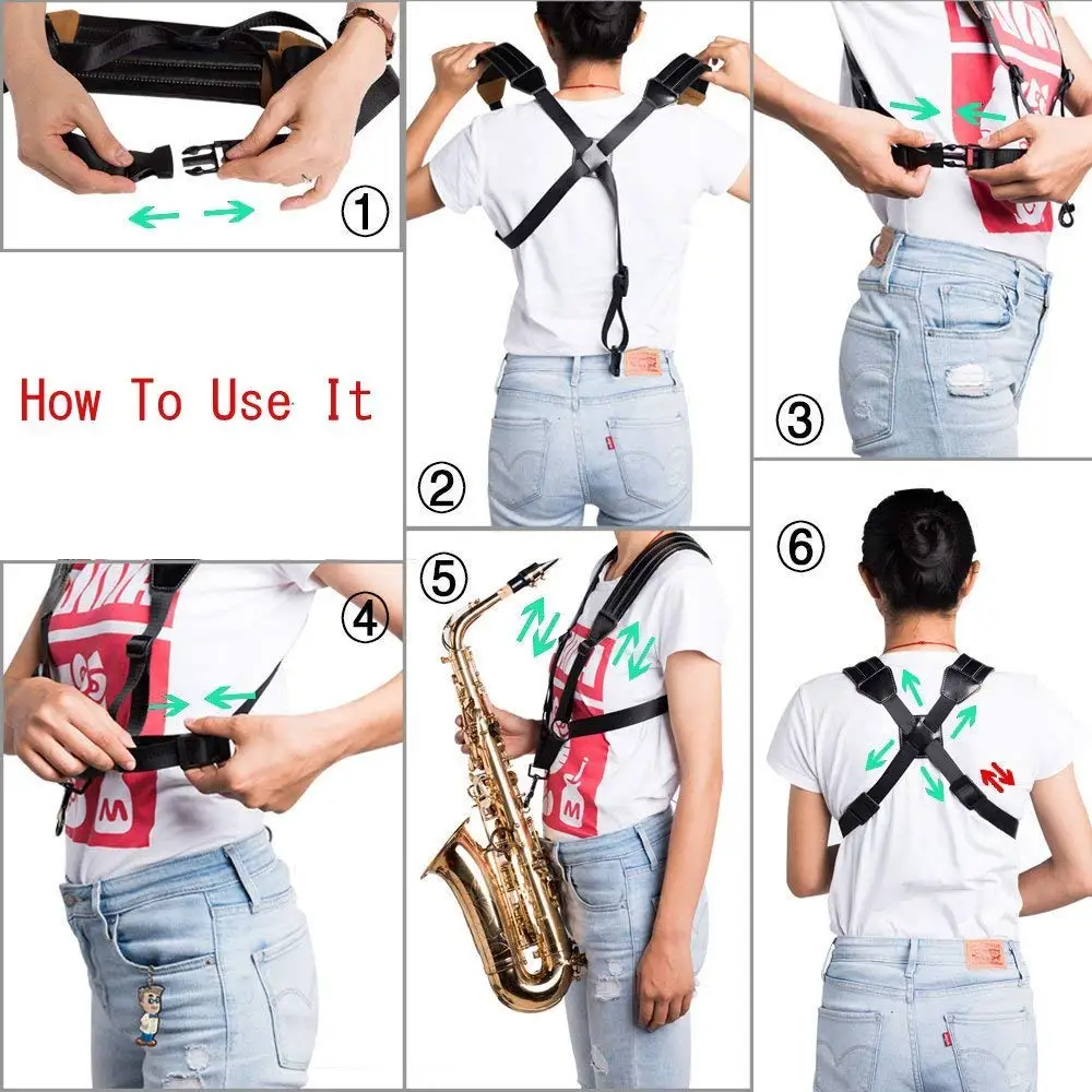 Saxophone Strap Universal Double Shoulder Leather Strap for Sax Adjustable Padded Harness for Alto Tenor Sopranoe
