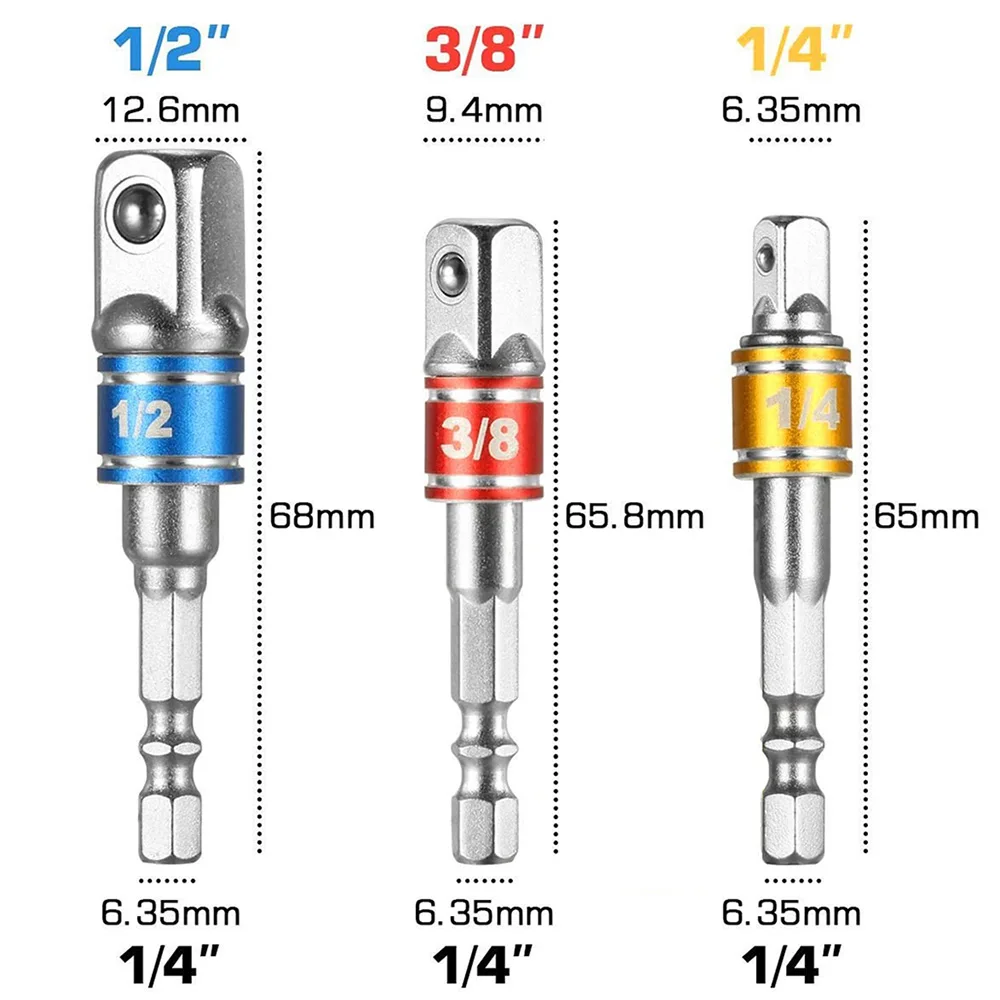 STONEGO 1PC/3PCS Socket Adapter Set Hex Shank Drill For Impact Driver Square Socket Drill Bits Bar Extension 1/4" 3/8" 1/2"