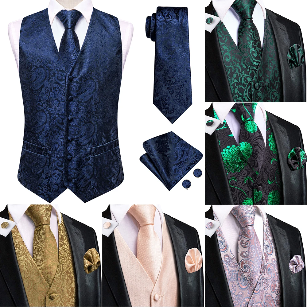 

Hi-Tie Navy Blue Mens Silk Vest Fashion Paisley Jacquard Handkerchief Cufflinks Necktie Sleeveless Wistcoat Set Wedding Business