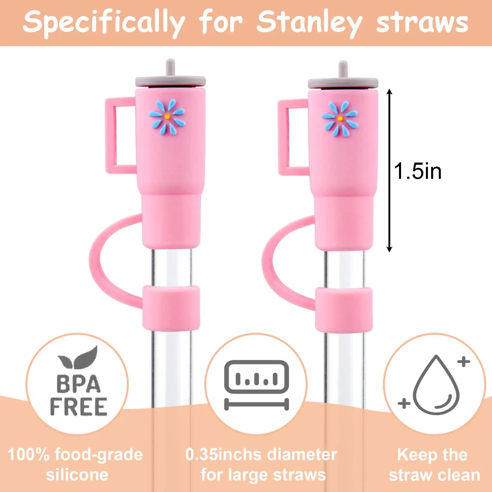 Straw Cover Cap for Stanley Cup,Silicone Straw Topper Compatible with 30&40  Oz Tumbler with Handle,10mm 0.4in Dust-Proof Reusable Straw Tips Lids (6Pcs  Straw Cover Pink) 