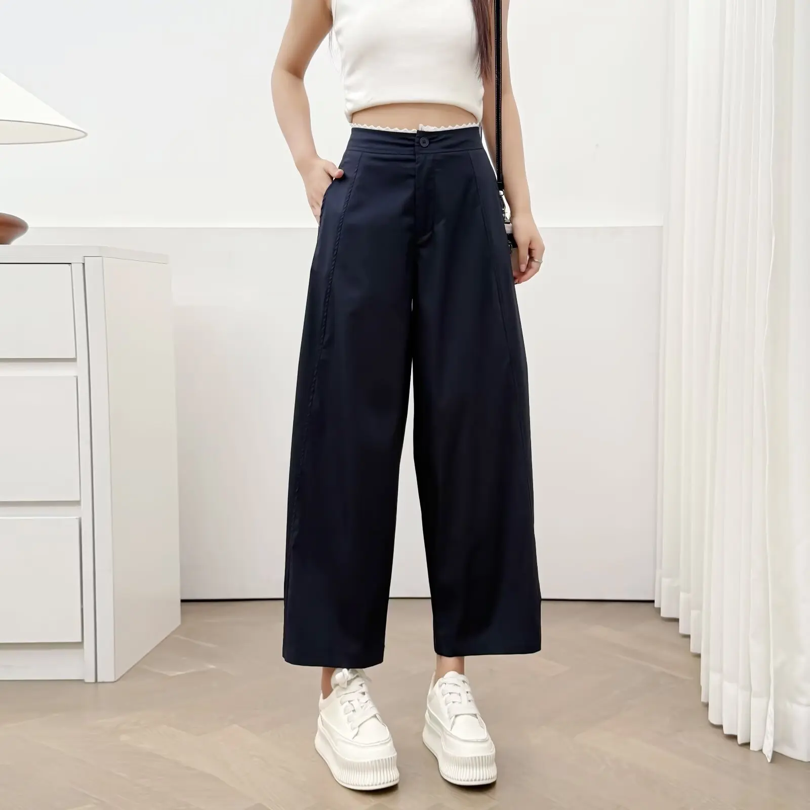 Fashion Plus Size Women's Pants Autumn New Style Lace Waist Casual Ankle Length Wide Leg Bottoms 8517