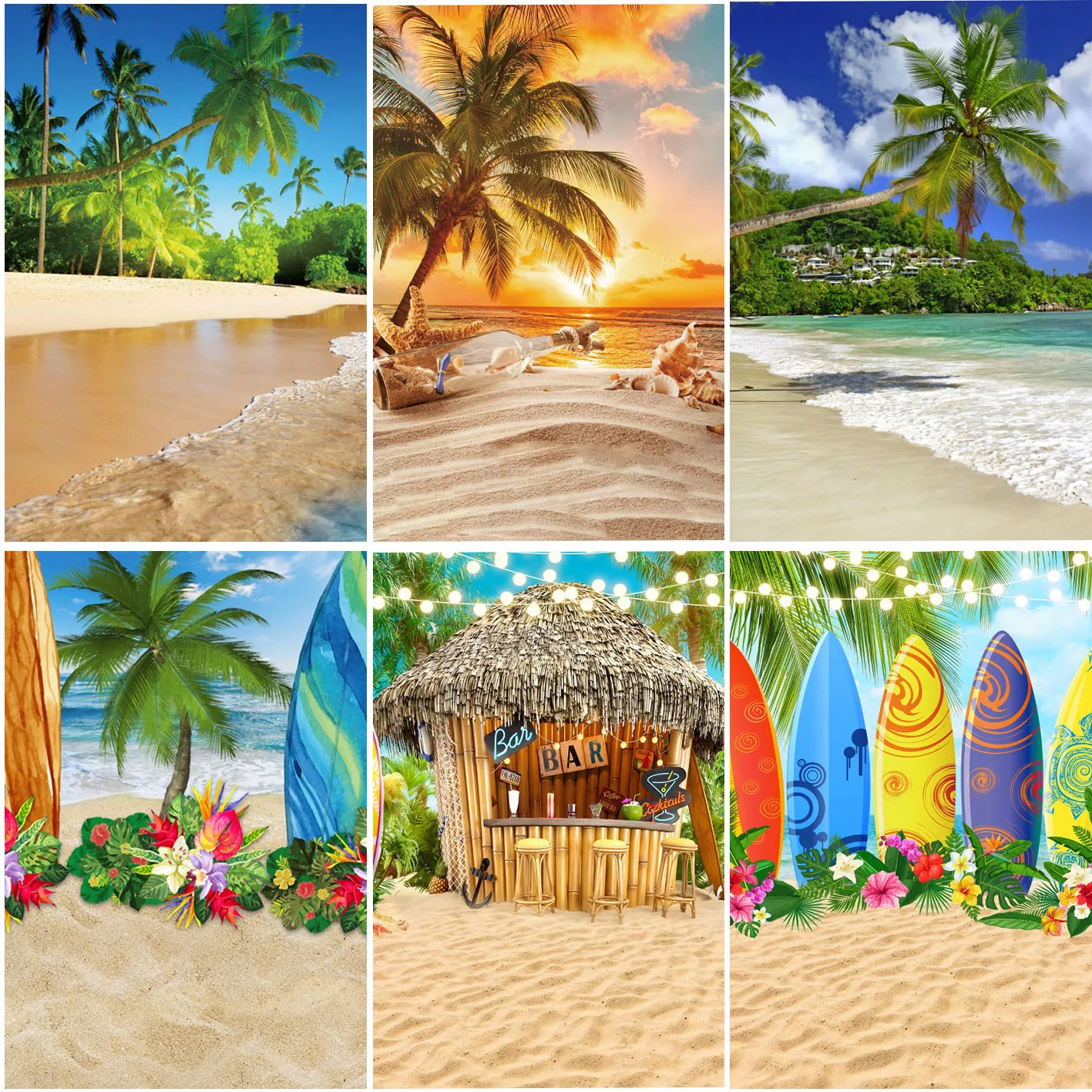 

Sea Beach Sand Cloudy Blue Sky Scene Summer Beach Photography Backdrop for Photo Studio Tropical Palms Coconut Tree Background