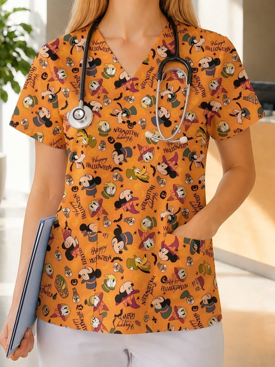 Cuteore Damen-T-Shirt Alternative Kleidung Y2k V-Ausschnitt 2026 Disney Mickey Mouse Aufgesetzte Tasche Weißes Oberteil Krankenschwester-Uniform Neue Shirts
