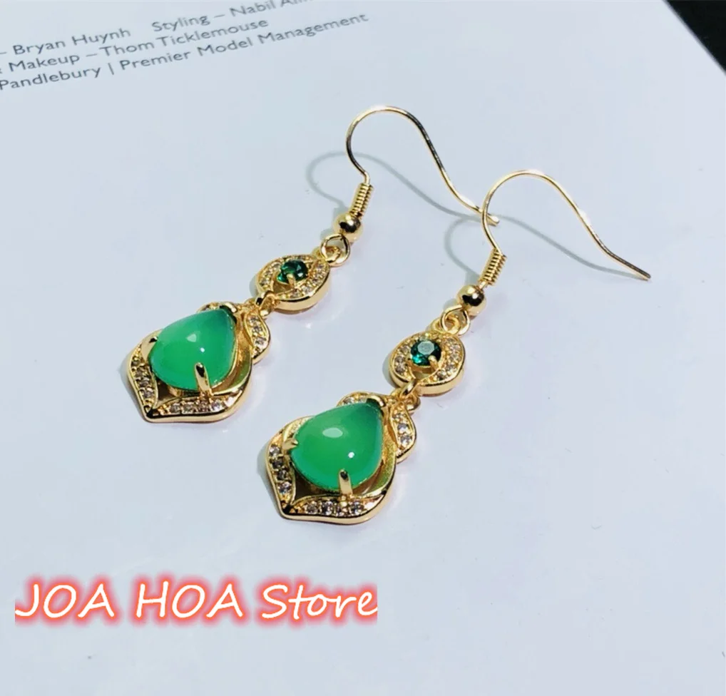 Exquisite Eardrop 925 Silver Gold-plated Inlaid Natural Chalcedony Agate Jade Earrings Fashion Lucky Fine Jewelry