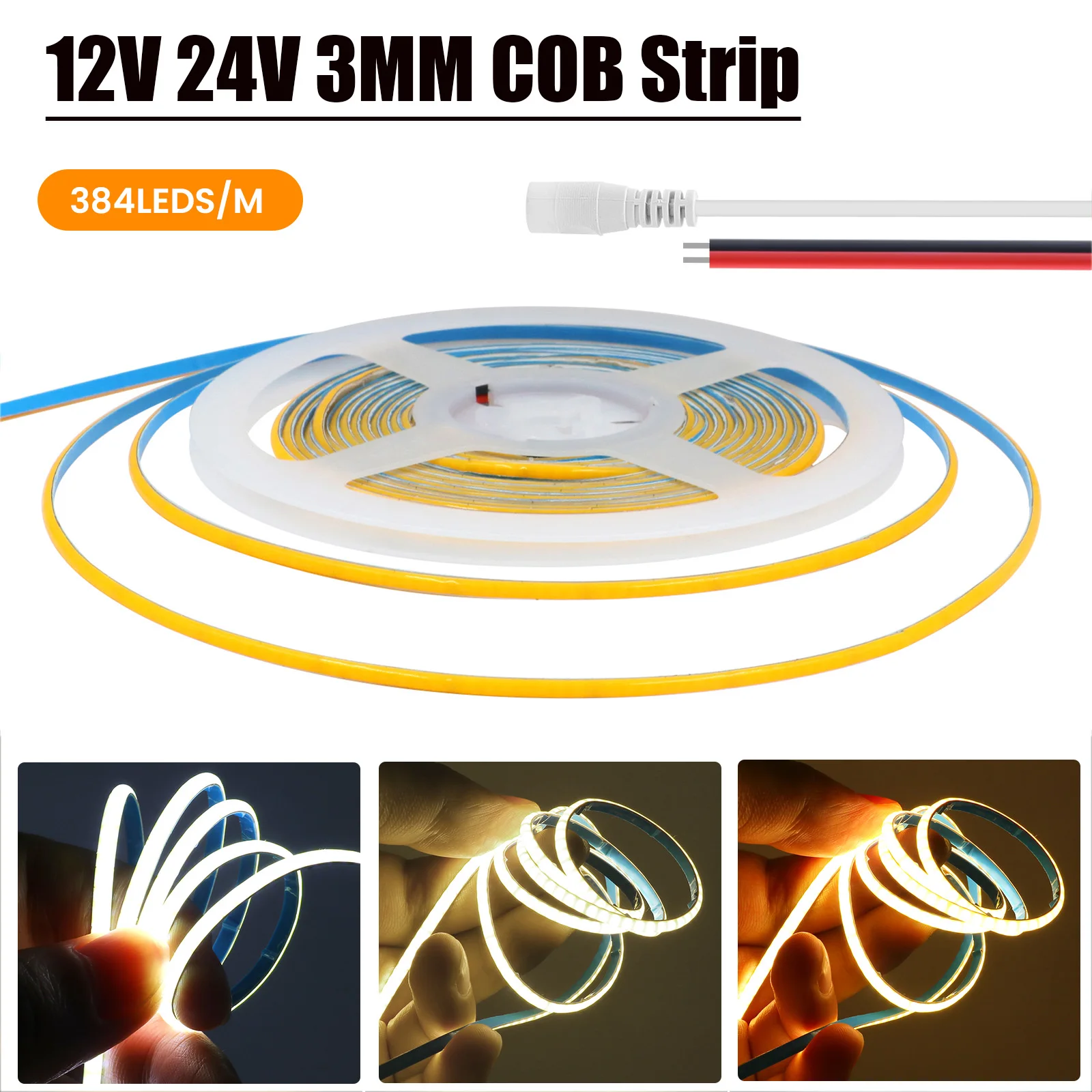 

Narrow Width 3MM COB Strip DC 12V 24V 384Leds/M High Density 3000K 4000K 6000K Flexible Ribbon Rope LED Light