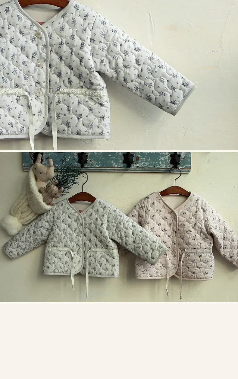 Winter New Girls Cute Print Parkas Fragmented Flowers Waist Children's Cotton Coat