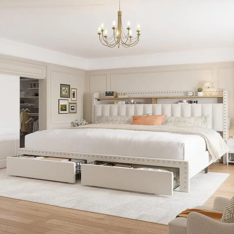 

SummybeeFurniture Bedframen Bed Frame with Headboard and Storage, Upholstered Queen Bed Frame withs, Queen Size Bed Frame witse