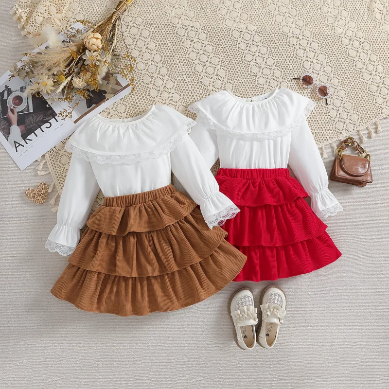 

Baby Girls Clothes Set Autumn Clothes Doll Collar Long Sleeve Shirt and Layered Ruffles Skirt Outfits Children Suit 3-6T