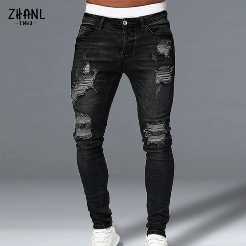 Ripped Skinny Jeans Mens Hip Hop Hole Pencil Pants Casual Trousers Streetwear High Quality Jeans Distressed Denim Men Clothing