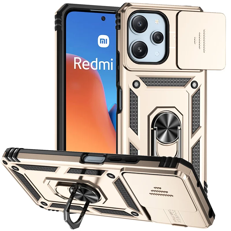 Enhanced Shockproof Armor Phone Case with Ring Holder and Slide Lens Protector for Xiaomi Redmi 12 4G (2023)