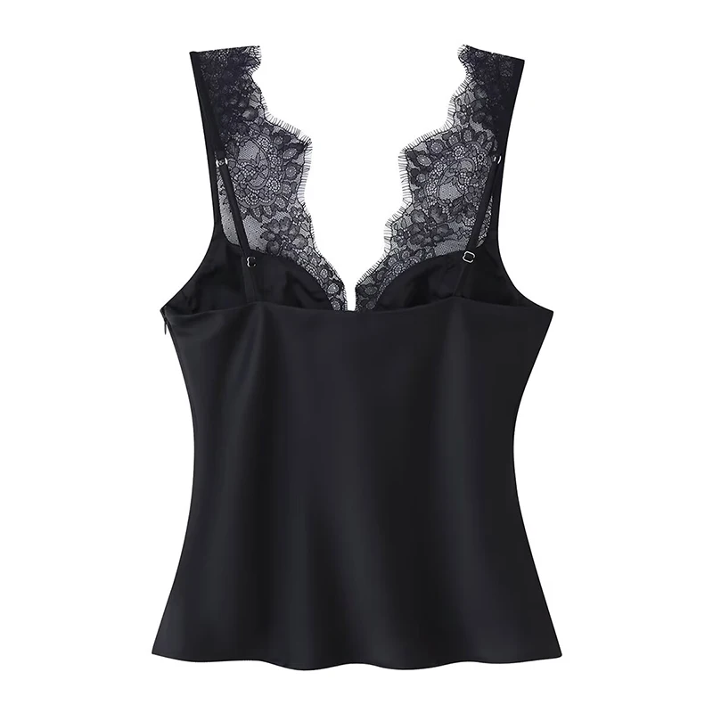 Women Sexy Lace Short Tops Corset Top Female Black Satin Backless Tops for Women off Shoulder Camisole Night Sleeveless Tops