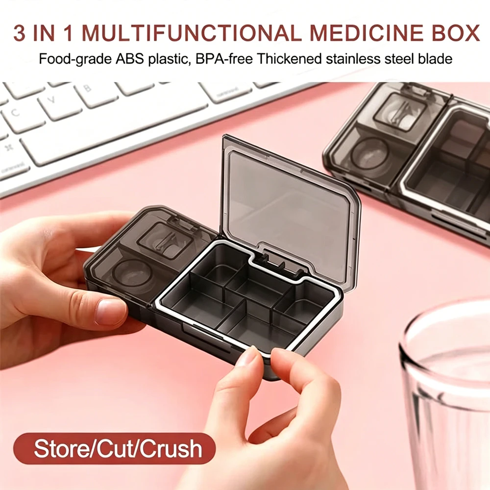 Compact Pill Organizer with Cutter and Crusher - Travel-Friendly Medicine Holder for Vitamins and Supplements