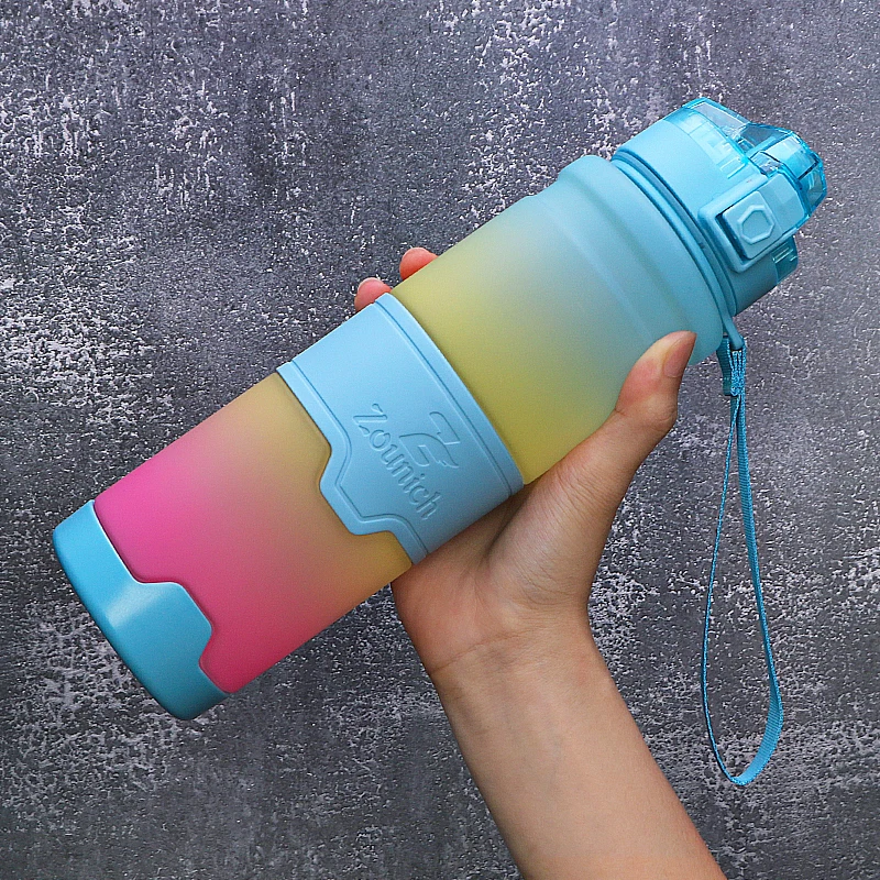 ZOUNICH 500/1000ML Gradient Sports Water Bottle Portable LeakProof Colorful Bottle Travel Plastic Drinkware BPA Free